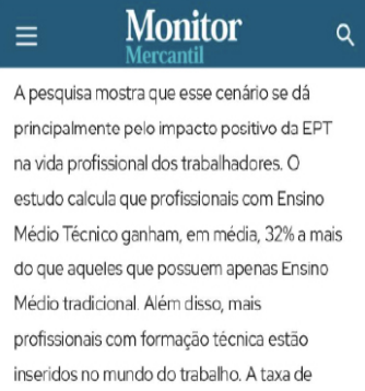 Notícia sobre impacto positivo da formação técnica