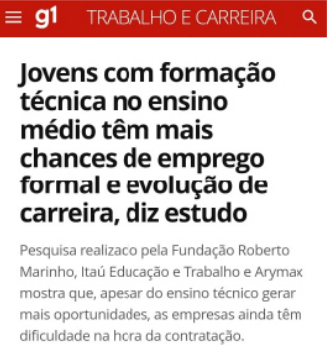 Notícia sobre formação técnica, emprego e evolução de carreira